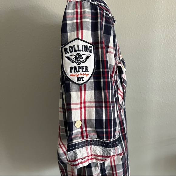 Rolling Paper Brand NYC Rollco Shirt Mens Short Sleeve Sz L Blue Red White Plaid - Picture 8 of 11